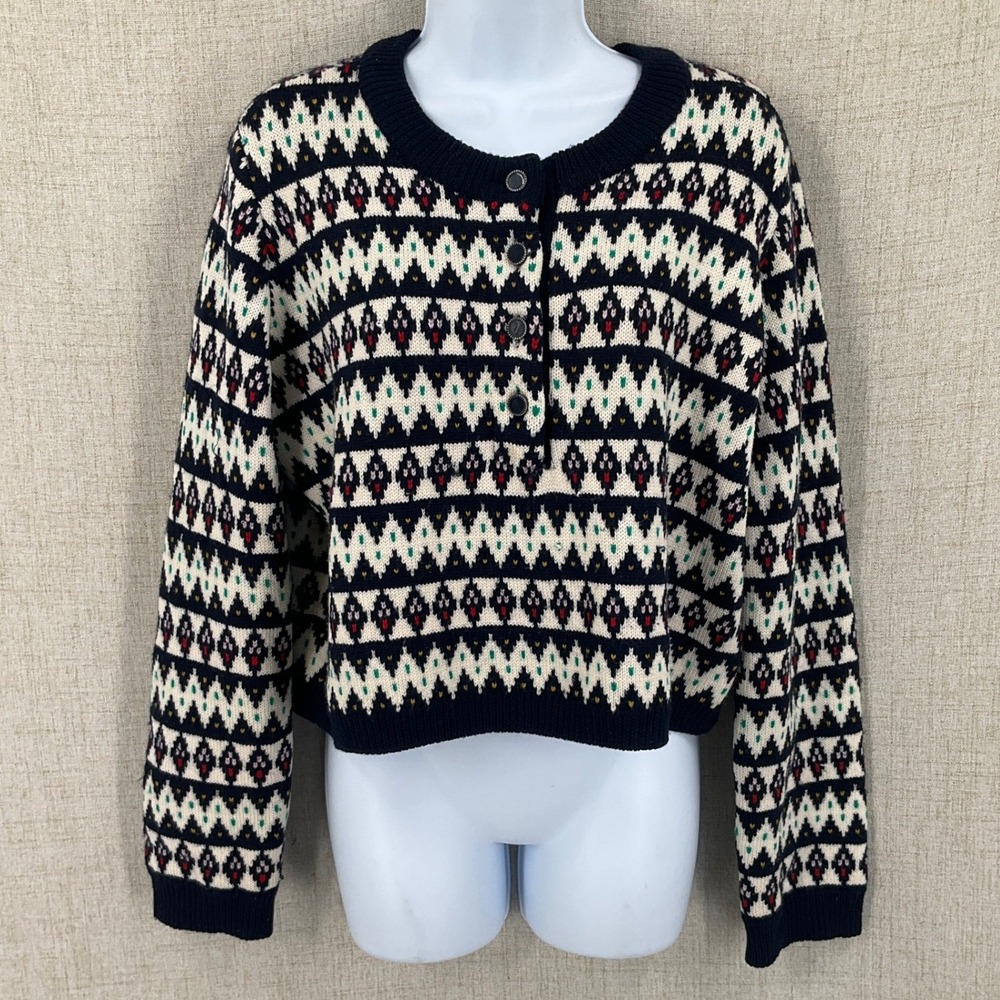 La Ligne Sweater Womens Medium Navy Merino Wool Cropped Geometric Intarsia Knit